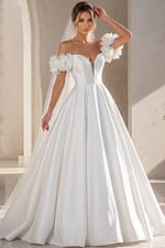 white satin off the shoulder A-line ballgown wedding dress with deep sweetheart neckline and 3D floral rosette sleeves, front view, Jovani Bridal style JB40795