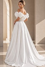 back view of white satin off the shoulder A-line ballgown wedding dress with deep sweetheart neckline and 3D floral rosette sleeves, Jovani Bridal style JB40795