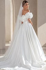 back view of white satin off the shoulder A-line ballgown wedding dress with deep sweetheart neckline and 3D floral rosette sleeves, Jovani Bridal style JB40795