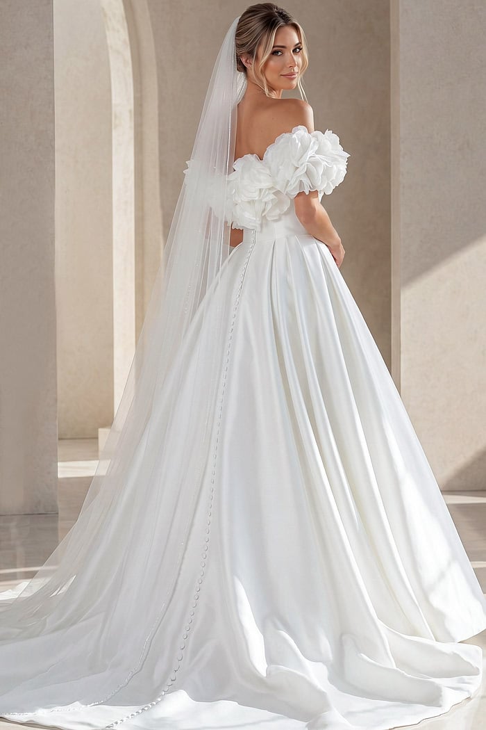 back view of white satin off the shoulder A-line ballgown wedding dress with deep sweetheart neckline and 3D floral rosette sleeves, Jovani Bridal style JB40795