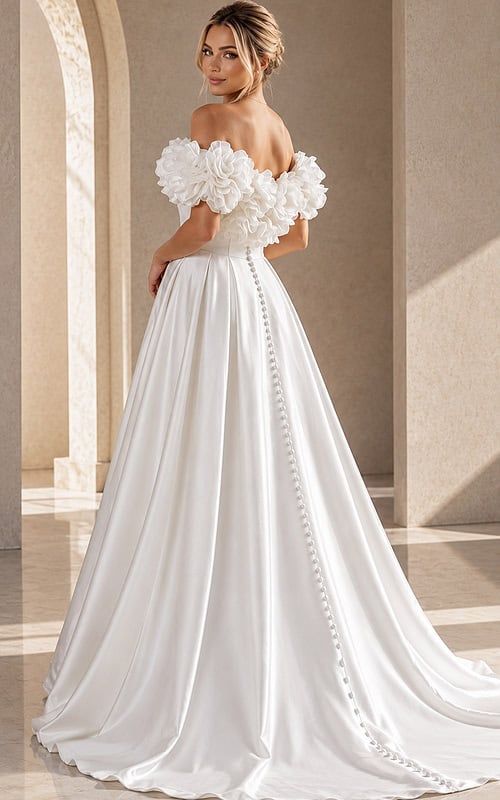 back view of white satin off the shoulder A-line ballgown wedding dress with deep sweetheart neckline and 3D floral rosette sleeves, Jovani Bridal style JB40795