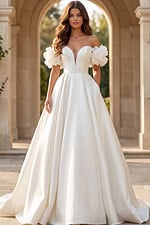 Strapless sweetheart ball gown with off shoulder floral sleeves and full satin skirt.
