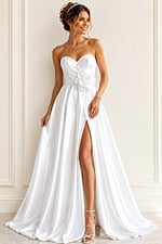 white satin strapless A-line wedding dress with sweetheart neckline, rosette waist and high slit, front view, Jovani Bridal style JB40825