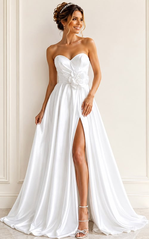 white satin strapless A-line wedding dress with sweetheart neckline, rosette waist and high slit, front view, Jovani Bridal style JB40825
