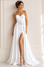 white satin strapless A-line wedding dress with sweetheart neckline, rosette waist and high slit, front view, Jovani Bridal style JB40825
