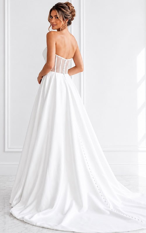 white satin strapless A-line wedding dress with sweetheart neckline, rosette waist and high slit, front view, Jovani Bridal style JB40825
