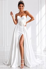 white satin strapless A-line wedding dress with sweetheart neckline, rosette waist and high slit, front view, Jovani Bridal style JB40825