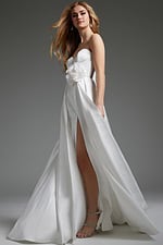 model wearing Jovani JB40825 white gown with flowing A-line skirt and high slit