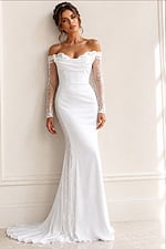 white satin off the shoulder fitted mermaid wedding dress with draped cowl neckline and sheer beaded lace long sleeves, front view, Jovani Bridal style JB41163
