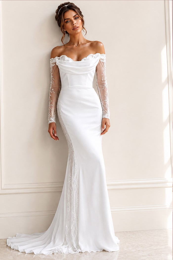 white satin off the shoulder fitted mermaid wedding dress with draped cowl neckline and sheer beaded lace long sleeves, front view, Jovani Bridal style JB41163