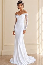 white satin off the shoulder fitted mermaid wedding dress with draped cowl neckline and sheer beaded lace long sleeves, front view, Jovani Bridal style JB41163