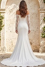 Elegant off shoulder bridal gown with sheer embellished sleeves