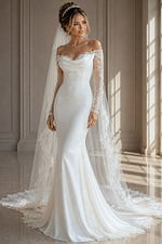 white satin off the shoulder fitted mermaid wedding dress with draped cowl neckline and sheer beaded lace long sleeves, front view, Jovani Bridal style JB41163