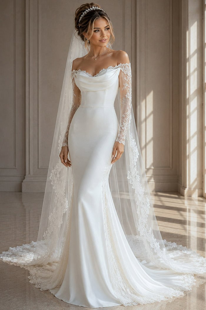 white satin off the shoulder fitted mermaid wedding dress with draped cowl neckline and sheer beaded lace long sleeves, front view, Jovani Bridal style JB41163