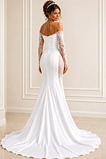 white satin off the shoulder fitted mermaid wedding dress with draped cowl neckline and sheer beaded lace long sleeves, front view, Jovani Bridal style JB41163