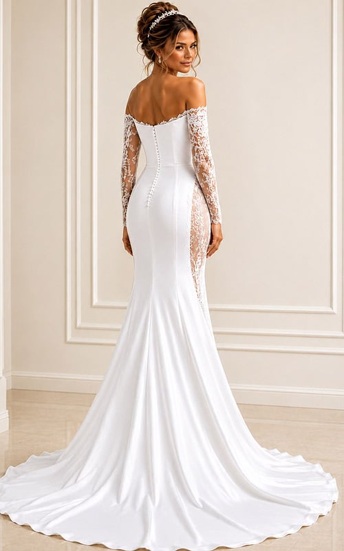 white satin off the shoulder fitted mermaid wedding dress with draped cowl neckline and sheer beaded lace long sleeves, front view, Jovani Bridal style JB41163