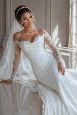 white satin off the shoulder fitted mermaid wedding dress with draped cowl neckline and sheer beaded lace long sleeves, front view, Jovani Bridal style JB41163
