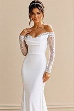 white satin off the shoulder fitted mermaid wedding dress with draped cowl neckline and sheer beaded lace long sleeves, front view, Jovani Bridal style JB41163