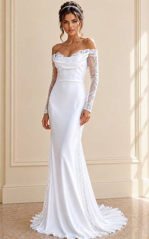 white satin off the shoulder fitted mermaid wedding dress with draped cowl neckline and sheer beaded lace long sleeves, front view, Jovani Bridal style JB41163