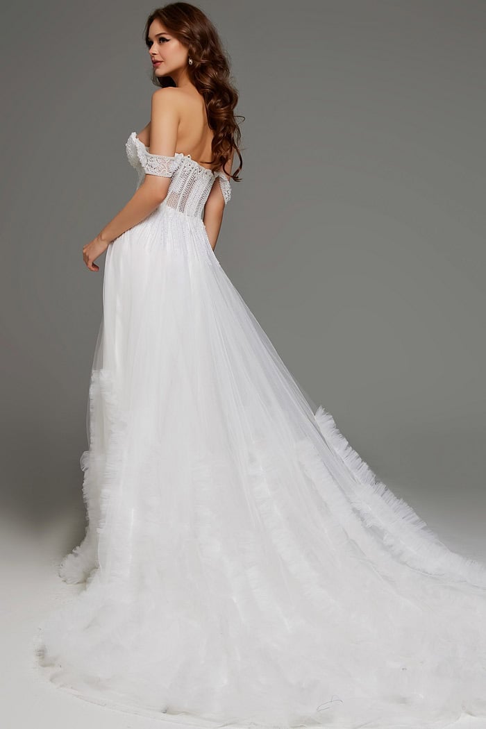 Back view of Jovani JB41159 white dress with off-shoulder sleeves.