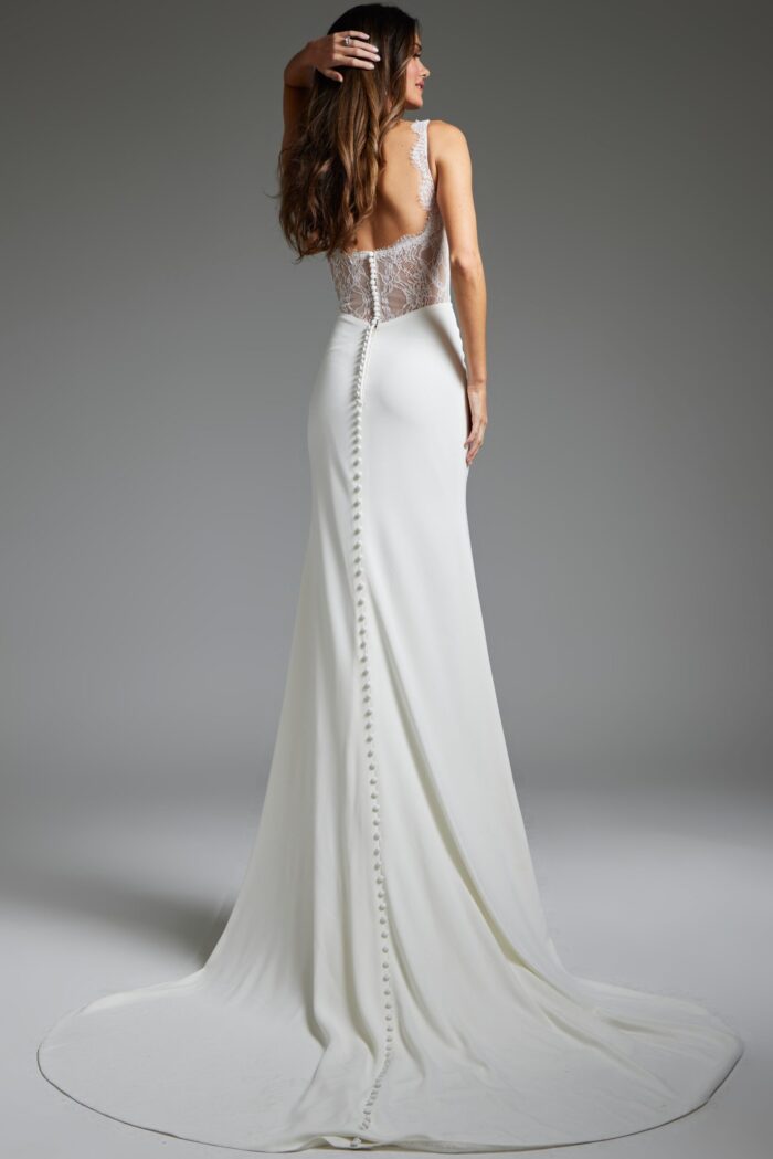 Back view of Jovani JB42222 ivory gown with lace detailing and buttoned train.