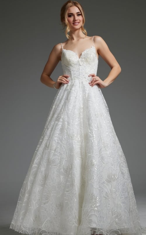 Model wearing Jovani JB422225 ivory gown with lace embroidery and sweetheart neckline, front view.