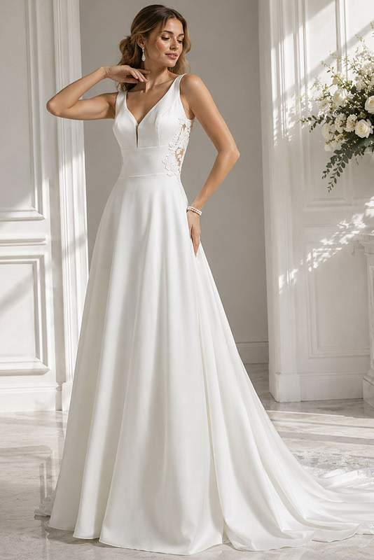 crushed silk wedding dresses Nude Clean Lace Tulle V-back Aline Wedding Dress Nude Beige