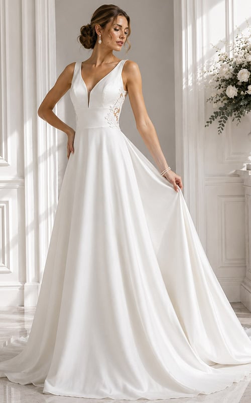 Clean V-neck silhouette featuring lace side accents and a flowing full skirt.