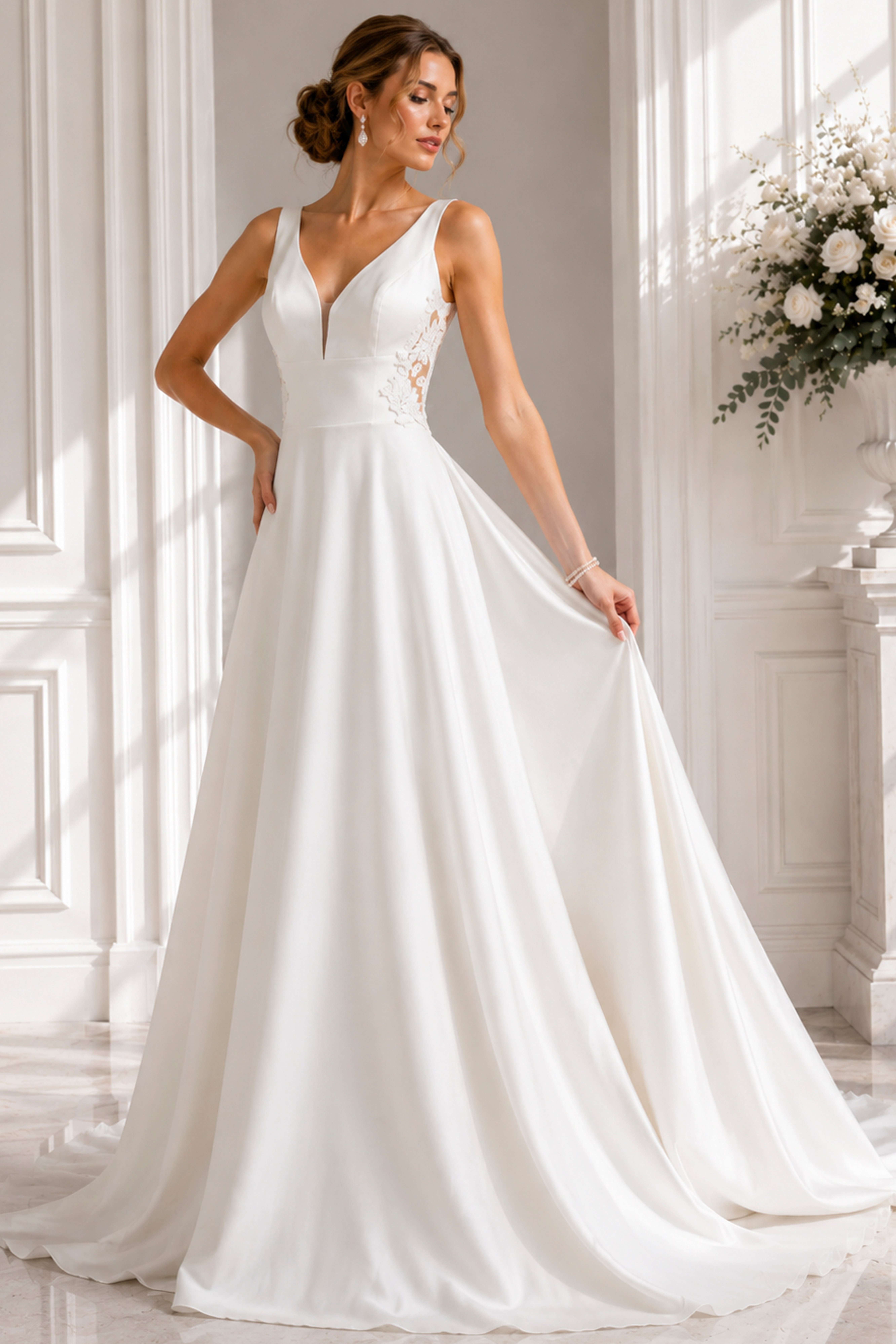 JB42294-30 Clean V-neck silhouette featuring lace side accents and a flowing full skirt.