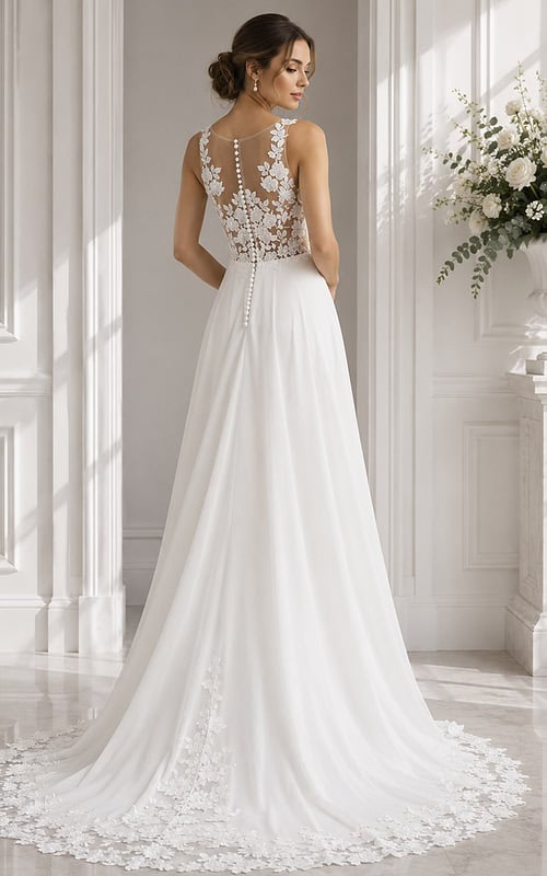 A-line gown with sheer floral lace back and delicate button detailing.