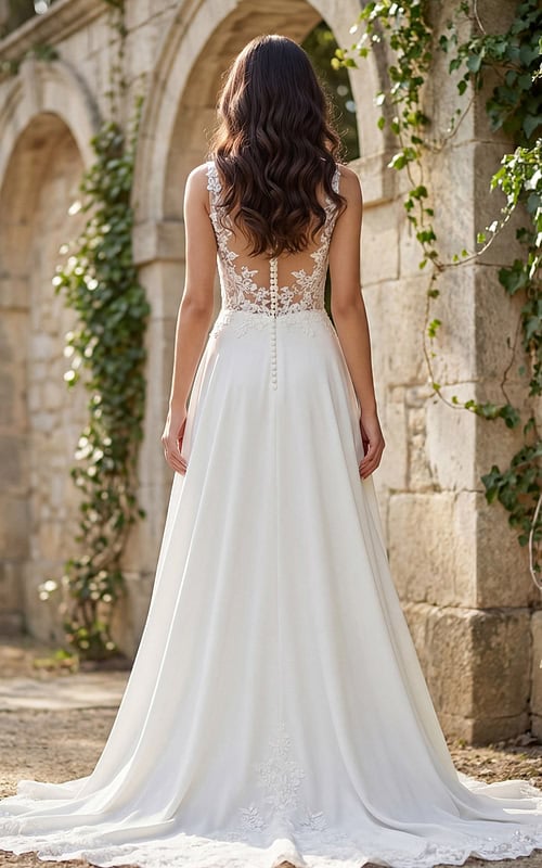 Back view of a flowing A-line bridal gown with lace illusion back, button closure, and soft chapel train