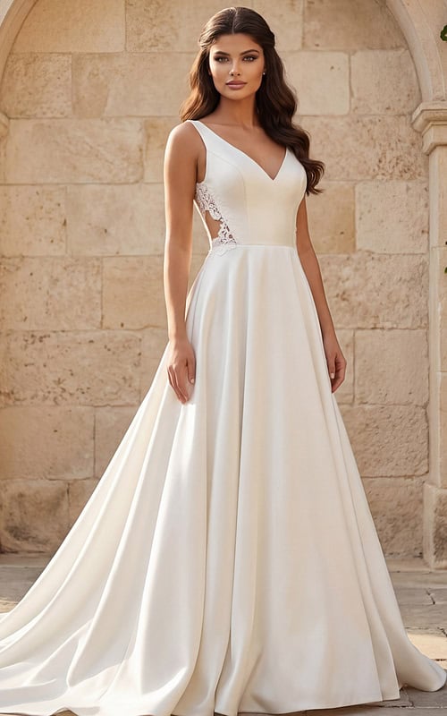 Front view of an elegant V-neck bridal gown with smooth skirt and lace side panels in an outdoor stone courtyard.