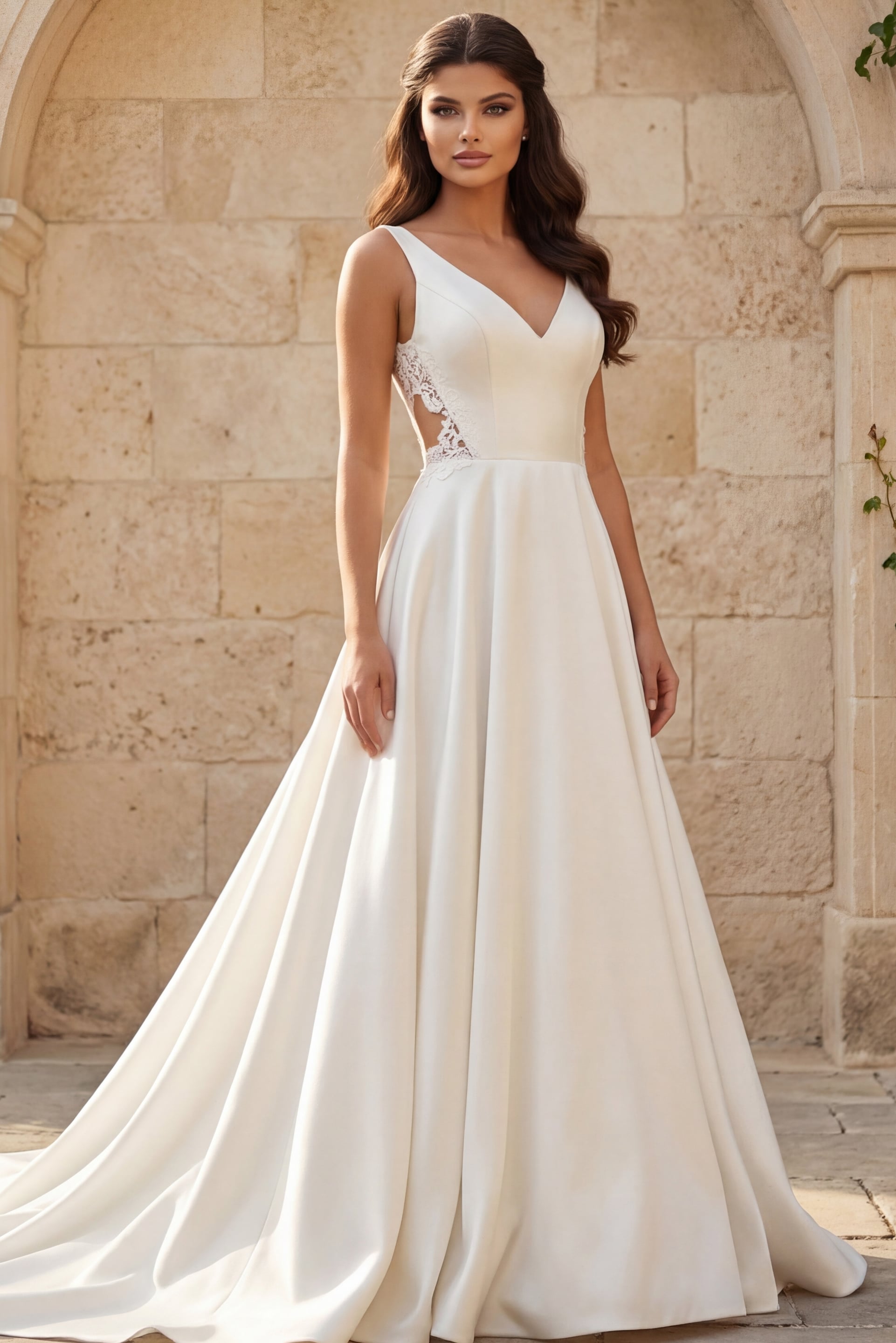 JB42294-f Front view of an elegant V-neck bridal gown with smooth skirt and lace side panels in an outdoor stone courtyard.