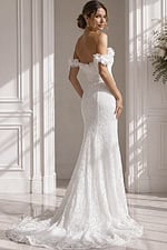 Off-shoulder fitted lace mermaid wedding gown with floral appliqué sleeves and sheer corset bodice