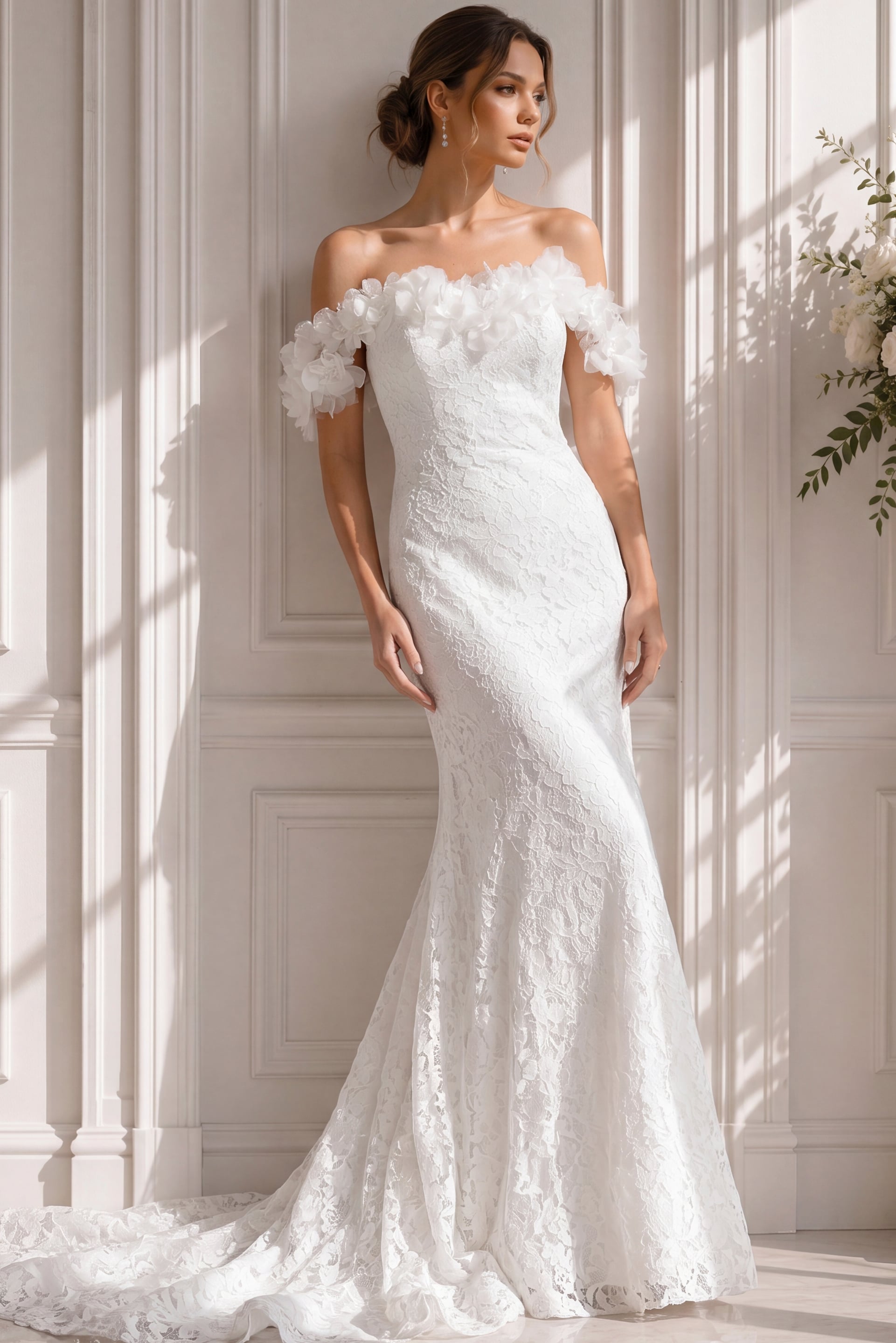 JB42295-80 Off-shoulder floral appliqué mermaid wedding dress with structured lace corset and fitted silhouette