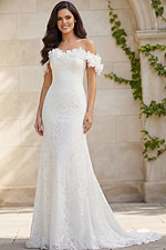 Off shoulder lace mermaid wedding gown with floral sleeve details