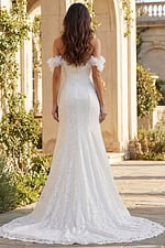 Back view of lace bridal gown with off shoulder floral sleeves and train