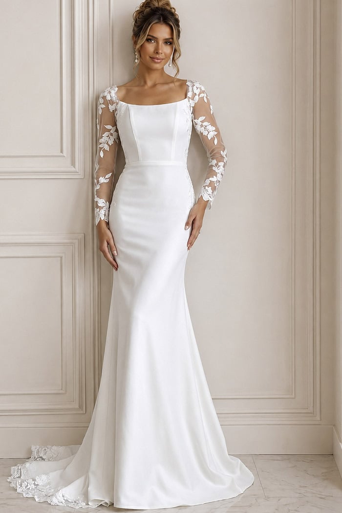 ivory satin fitted mermaid wedding dress with scoop neckline and sheer floral lace long sleeves, front view, Jovani Bridal style JB42297