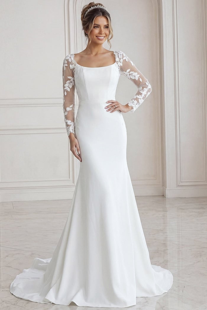 ivory satin fitted mermaid wedding dress with scoop neckline and sheer floral lace long sleeves, front view, Jovani Bridal style JB42297