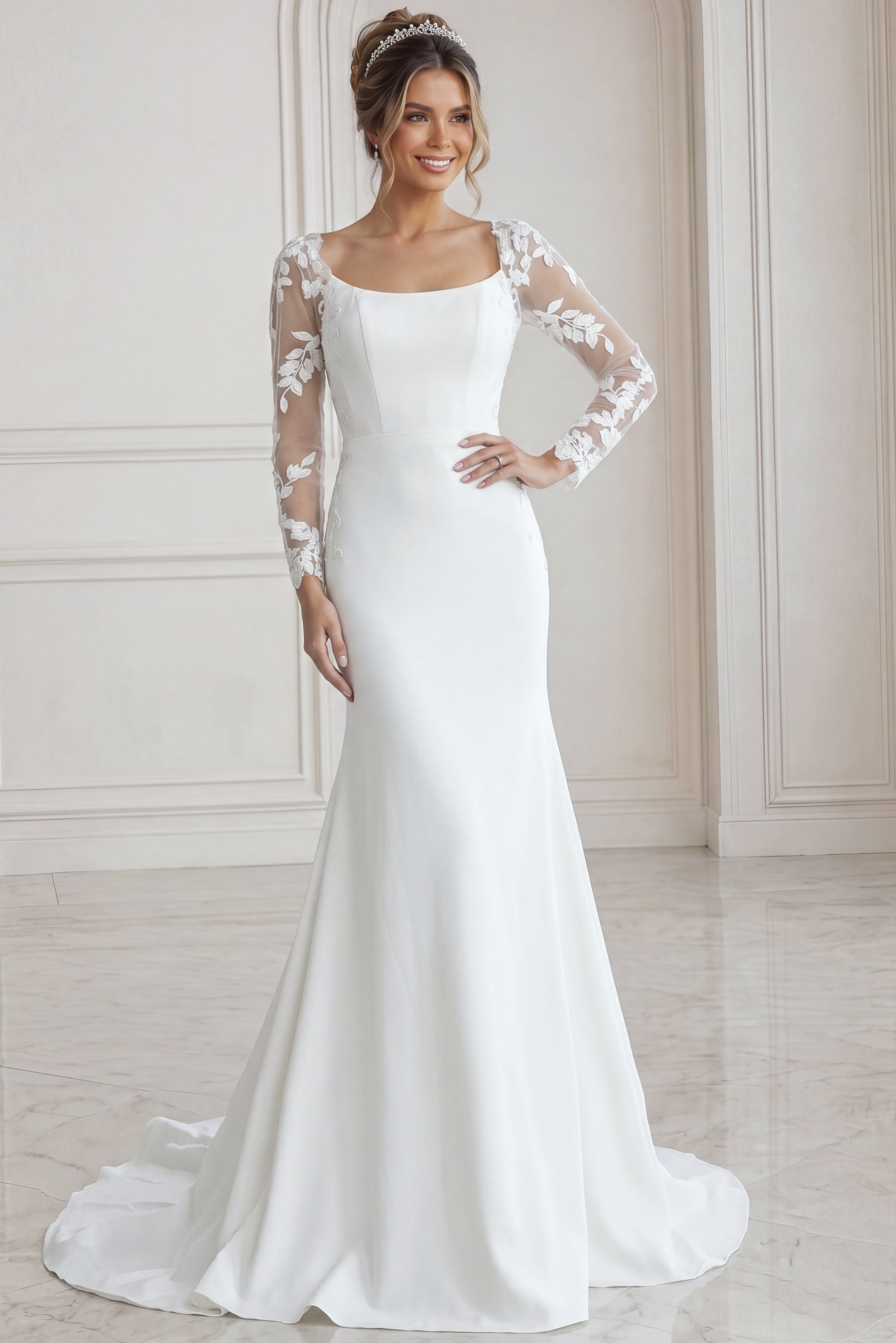 long sleeve tight lace wedding dress Lace A-line Long-Sleeve Wedding Dress with High Neck bolero and Corset   Think Bridal