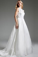 Model showcasing JB42319 ivory dress, front view, sleeveless with round neckline