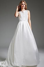 Model wearing JB42319 ivory dress, front view with round neckline and A-line silhouette