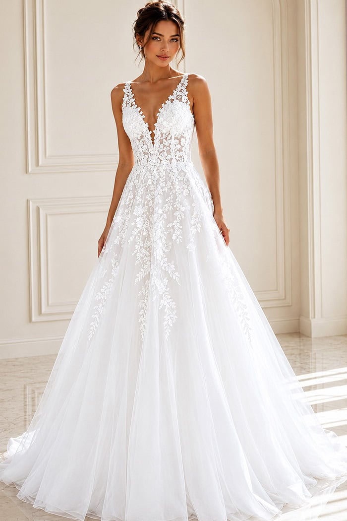 ivory floral lace A-line wedding dress with plunging V neckline and tulle skirt, front view, Jovani Bridal style JB42323