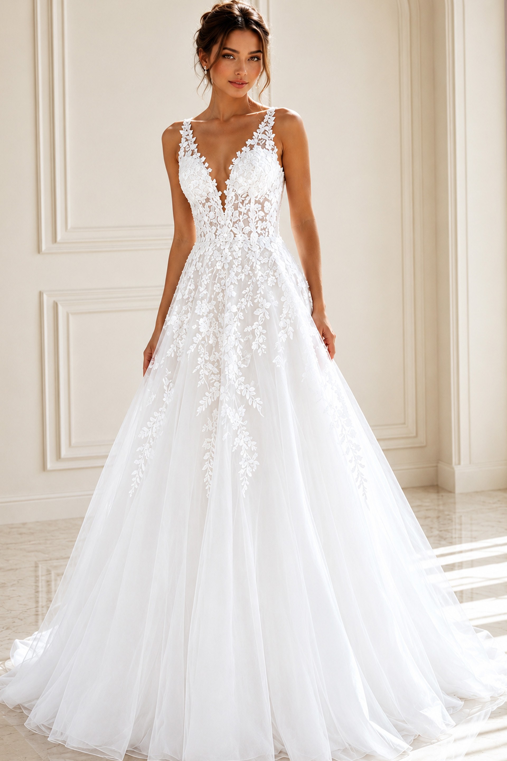 JB42323-10 ivory floral lace A-line wedding dress with plunging V neckline and tulle skirt, front view, Jovani Bridal style JB42323