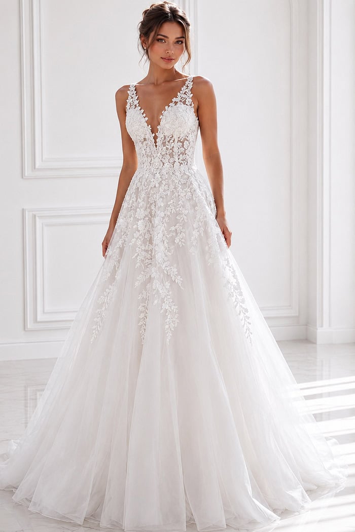 ivory floral lace A-line wedding dress with plunging V neckline and tulle skirt, front view, Jovani Bridal style JB42323