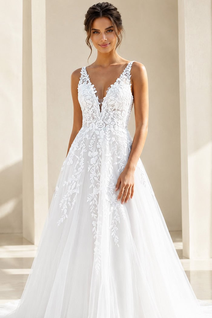 ivory floral lace A-line wedding dress with plunging V neckline and tulle skirt, front view, Jovani Bridal style JB42323