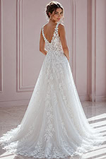 ivory floral lace A-line wedding dress with plunging V neckline and tulle skirt, front view, Jovani Bridal style JB42323