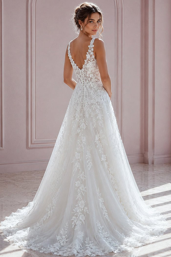 ivory floral lace A-line wedding dress with plunging V neckline and tulle skirt, front view, Jovani Bridal style JB42323