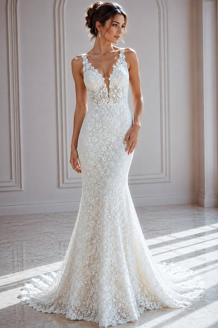 ivory floral lace A-line wedding dress with plunging V neckline and tulle skirt, front view, Jovani Bridal style JB42323