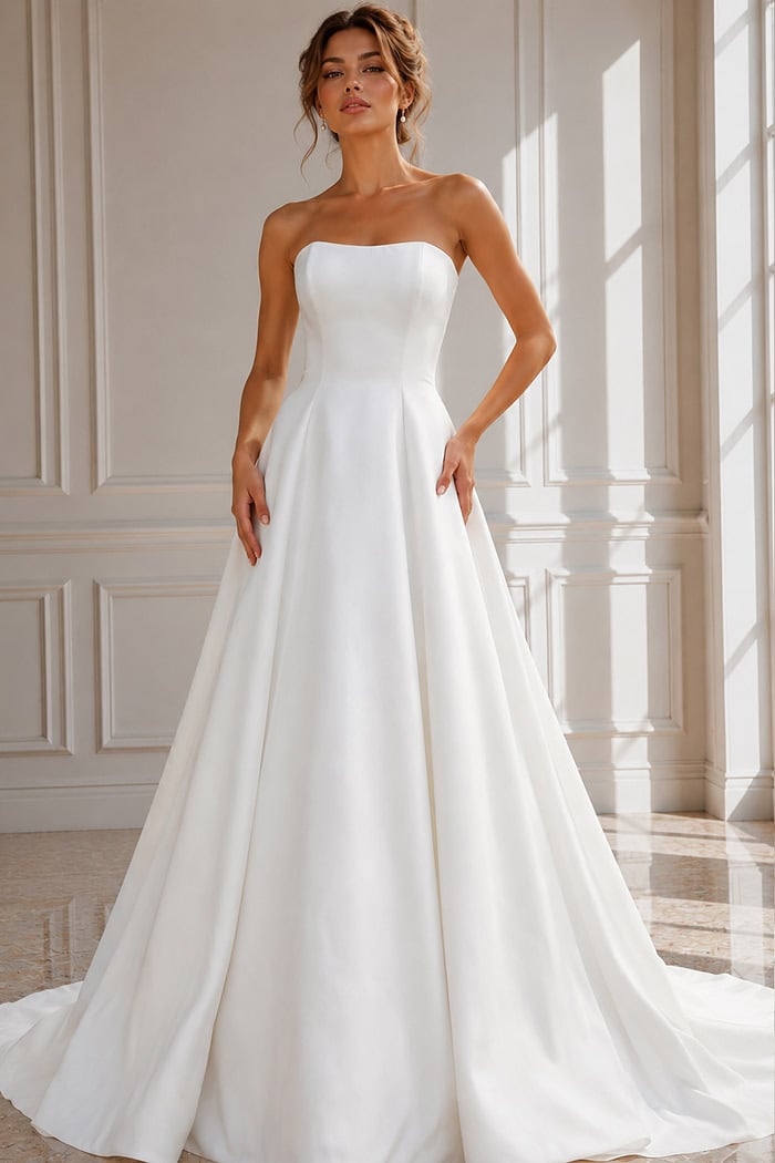 Modern Satin Wedding Dress with Fitted Strapless Bodice and Voluminous Skirt
